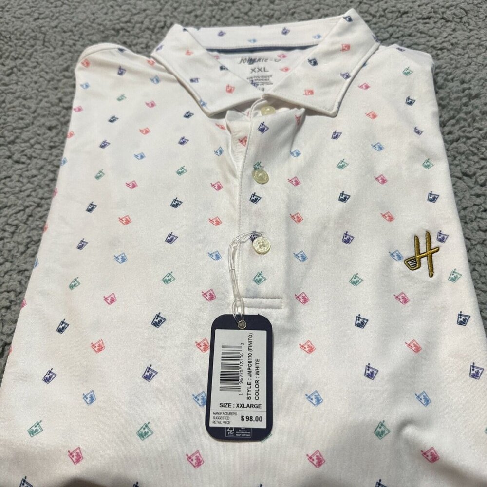 NWT Johnnie O Men's Golf Polo Shirt Drink Pattern Print Size XXL White Harvester